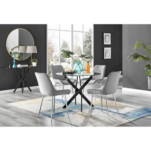 Tierra Modern Metal & Glass Round Dining Table Set with 4 Luxury Velvet Dining Chairs