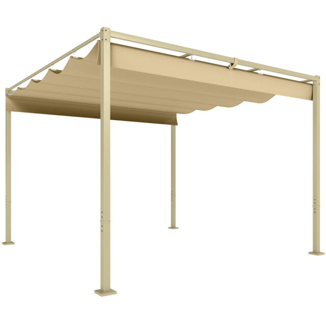 3 X 3m Khaki Retractable Roof Metal Pergola, Upf30+ Outdoor Garden Shade Shelter With Hook Fastened Canopy And Mounting Accessories