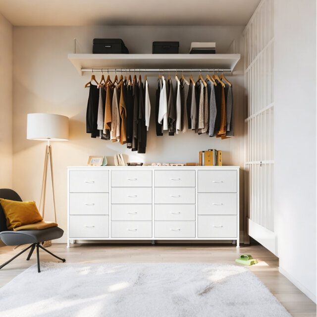 Long 14 Drawer Dresser TV Console, Power Outlets, 63” Storage Chest for Bedroom