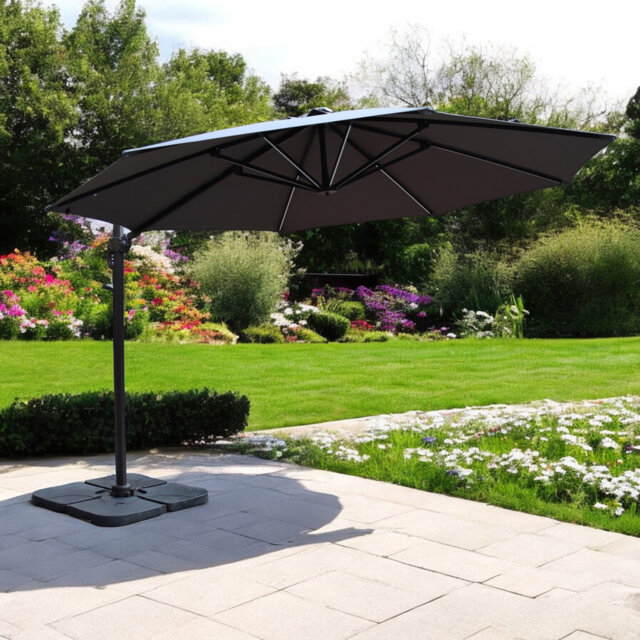 3.5m LED Cantilever Over Hanging Parasol - 56 LED strip lights This parasol is made using Polyester Fabric which has a Weather-Proof Coating & UPF Sun