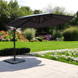 3.5m LED Cantilever Over Hanging Parasol - 56 LED strip lights This parasol is made using Polyester Fabric which has a Weather-Proof Coating & UPF Sun