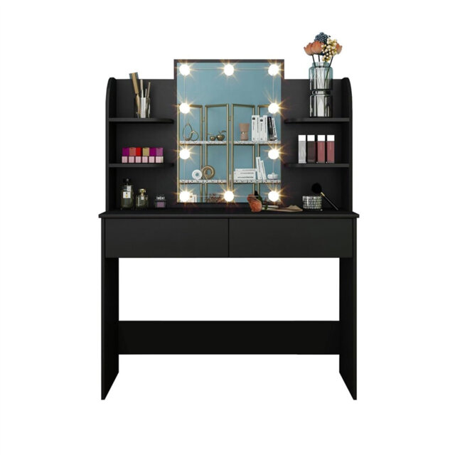 Dressing Table With LED Lights Mirror, Vanity Table With 2 Drawers 6 Shelves, Modern Makeup Cosmetic Dresser Table For Girls Women, Bedroom Furniture