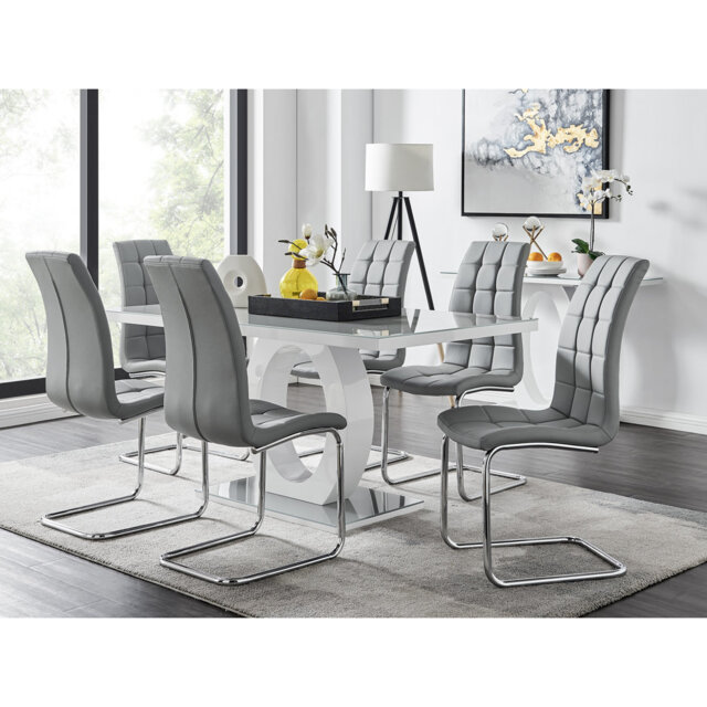 Scottsmoor High Gloss Halo Dining Table Set & 6 Luxury Faux Leather Dining Chairs - Modern Design