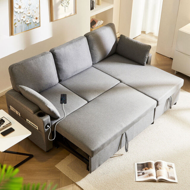 3 Seater Sofa Bed, 2-In-1 Pull-out Sleeper Couch with Storage Chaise and Armrest, Sectional L-Shaped Convertible Sofa Bed with USB & Cup Holder for Ap