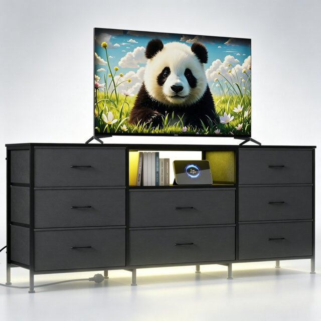 "63"" Wide LED TV Stand with 8 Fabric Drawers & Metal Frame - Entertainment Console for 45-75"" TVs, Storage Cabinet for Living Room or Bedroom, Dark Gra"