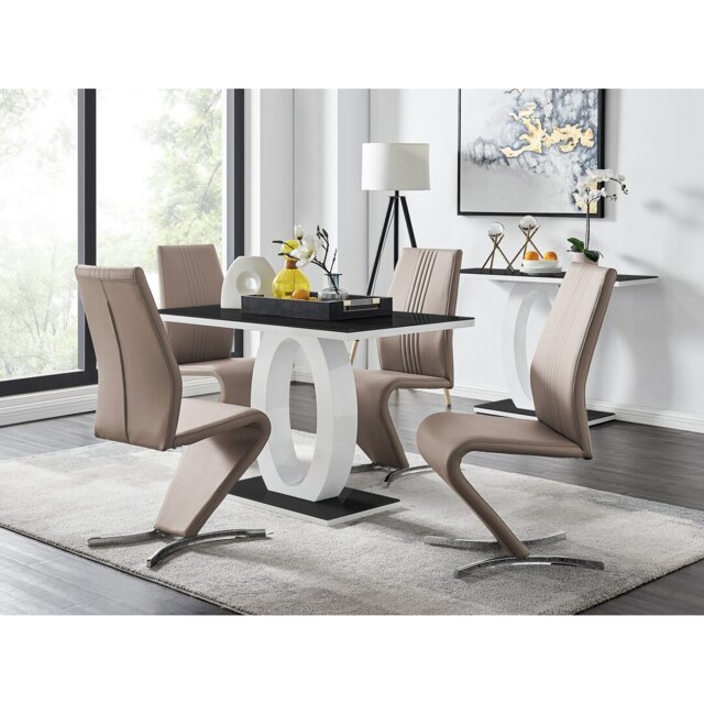 Scottsmoor High Gloss Halo Dining Table Set with 4 Modern Design Faux Leather Dining Chairs