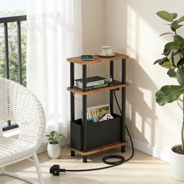 Narrow Side Table, 3 Tier Bed Side Table, Slim End Table With Charging Station, For Living Room, Bedroom, Small Nightstand With Magazine Rack