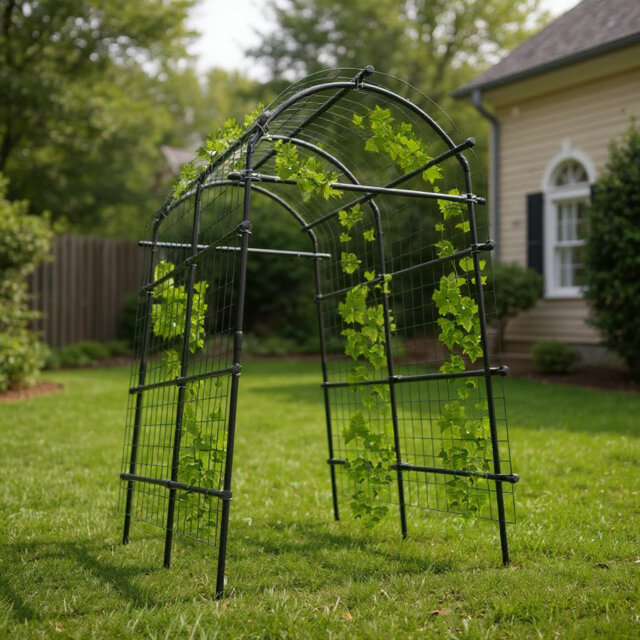 Metal Garden Arch Trellis, 115 x 183 x 230 cm, Adjustable Width 90-115 cm, PE-Coated Steel Frame with Nylon Netting, Rustproof Plant Support for Roses