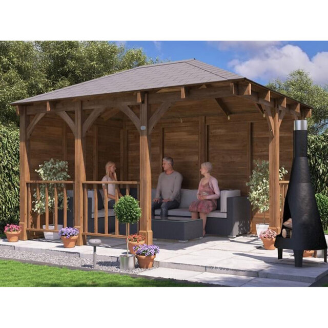 Dunster House Corner Gazebo 4m x 3m Garden Shelter Canopy Wooden Roof Shingles Leviathan