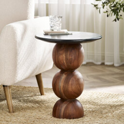 Veerly Solid Acacia Wood & Marble Effect Round Side Table - Rustic Modern Sculptural Design