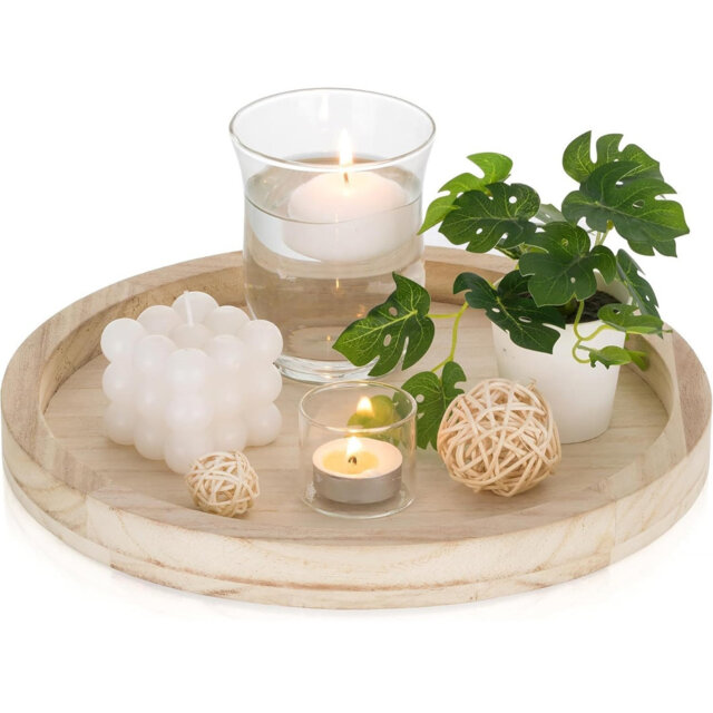 28 cm Rustic Natural Wood Candle Tray, Decorative Candle Holder for Coffee Table, Dining Table & Seasonal Centerpieces