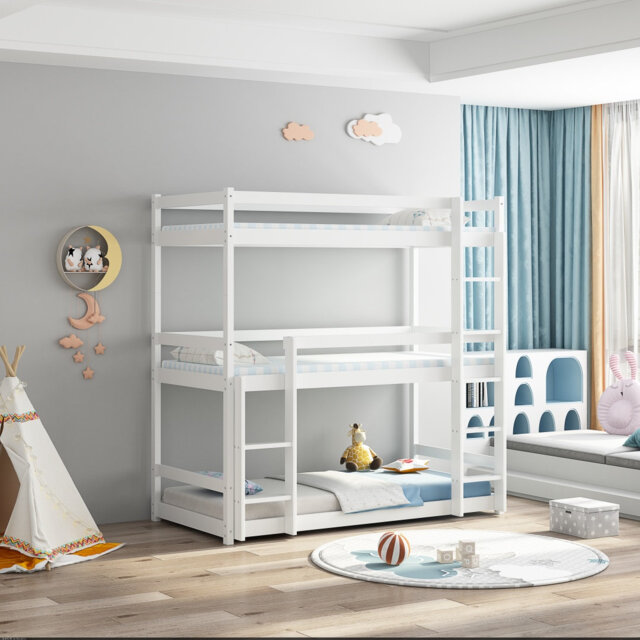 Solid Pine White Triple Bunk Bed, Vertical 3 Tier Triple Sleeper Wooden Bed Frame With Ladder, Space Saving Twin Triple Bed For Children Teenagers Adu