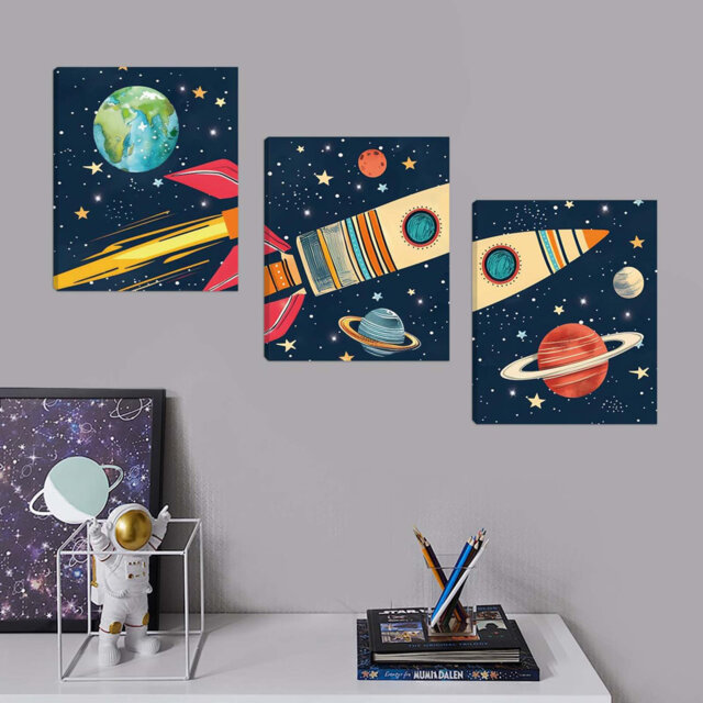 Rocket Outer Space Decor,Solar System Wall Art,The Planets Hanging Decor,Rocket Artwork Paintings Out Of Space Decor For Bedroom Toddler Kids Room Cla