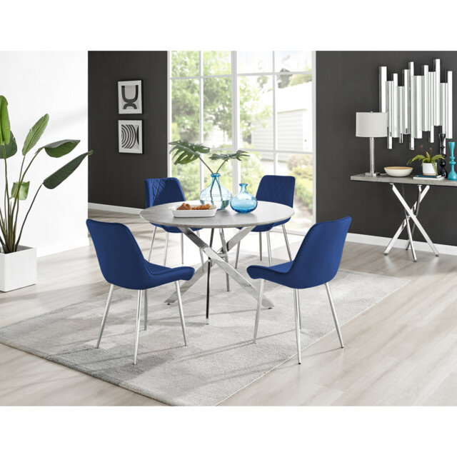 Tierra Modern Chrome Metal & Glass Round Dining Table Set with 4 Luxury Velvet Dining Chairs