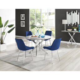 Tierra Modern Chrome Metal & Glass Round Dining Table Set with 4 Luxury Velvet Dining Chairs