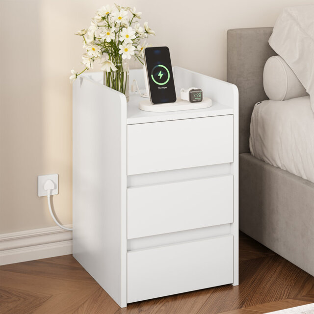 Bedside Table With 3 Drawers And Power Station, Modern Nightstand End Table, 35 X 40 X 59Cm
