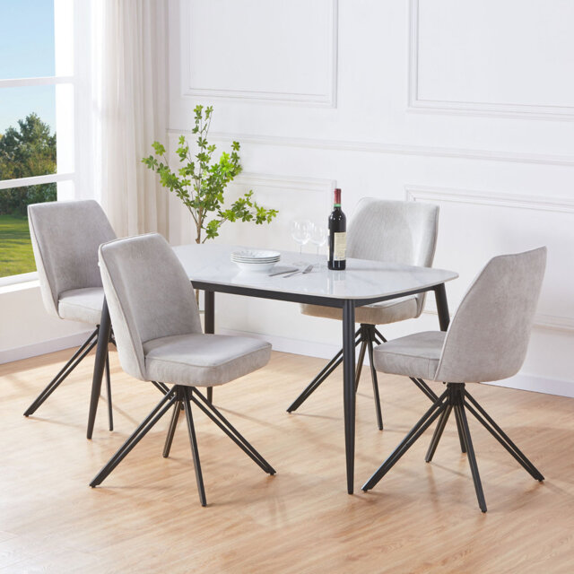Aspen Gloss White Sintered Stone Rectangular Table with 4 Swivel Upholstered Fabric Chairs - Modern Dining Set