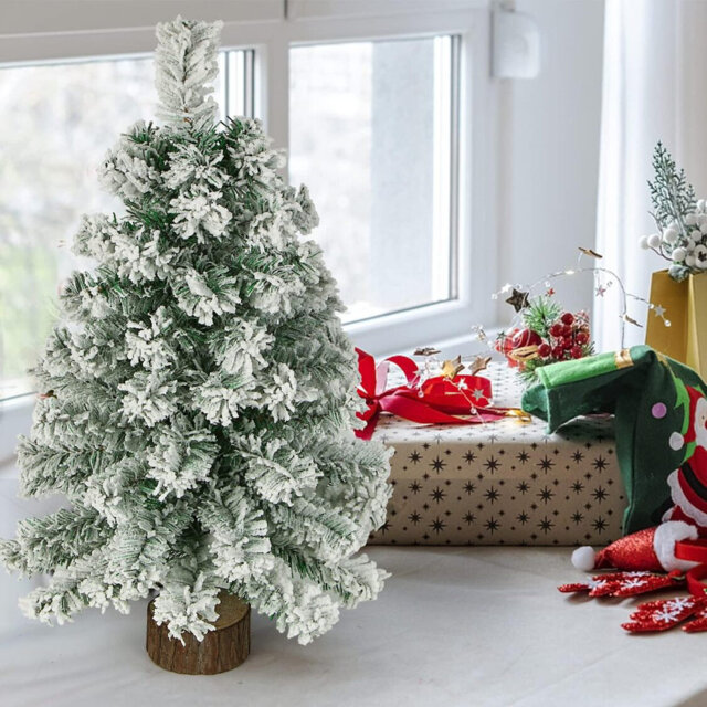 2ft Snowy Tabletop Christmas Tree With Wooden Base For Home And Office Decoration