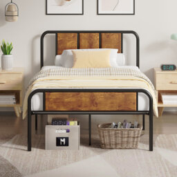 Single/Double Size Bed Frame with Modern Wood Headboard and Footboard, Heavy Duty Metal Platform Bed Frame, Stable Platform Bed with Steel Slats Suppo