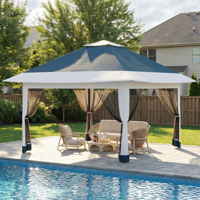 4m x 4m Pop Up Gazebo with Mosquito Net, Waterproof Double Roof Garden Shelter with Carry Bag