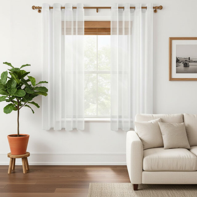 Ivory Sheer Faux Linen Curtains Filtering for Bedroom Kitchen Cupboard, 2 Panels 117x137 cm