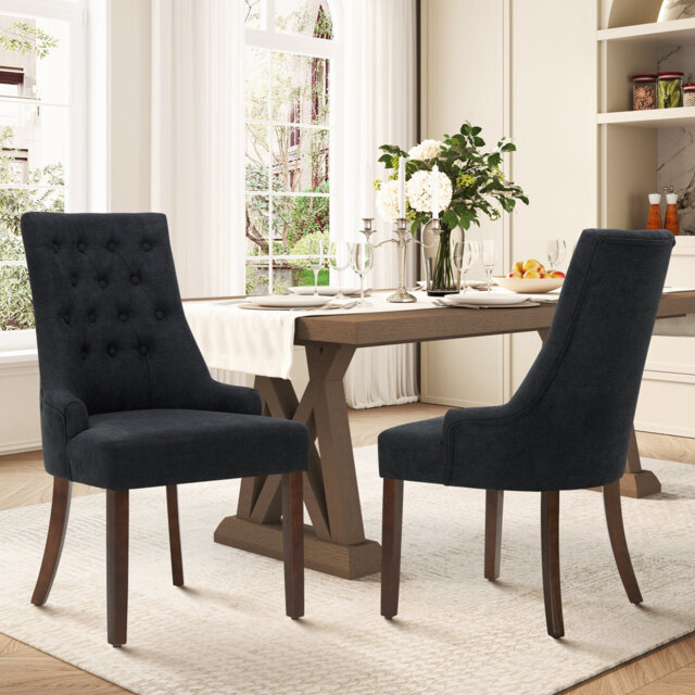 Set of 2 Wingback Dining Chairs, Solid Wood Frame with Linen-Textured Upholstery & Tufted Back