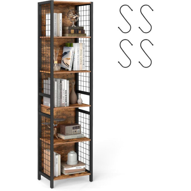 6-Tier Bookcase, Shelving Unit With 4 Hooks, 30 X 40 X 175.6 Cm, For Office, Study, Living Room, Bedroom, Rustic Brown And Ink Black