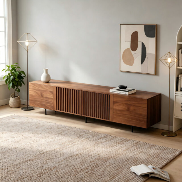 Large 1.8 Metre Tv Unit Stand With Large Storage Space, Fits 75-100+ Inch Tvs, Retro Style Walnut Colour Cabinet For Living Room, Bedroom