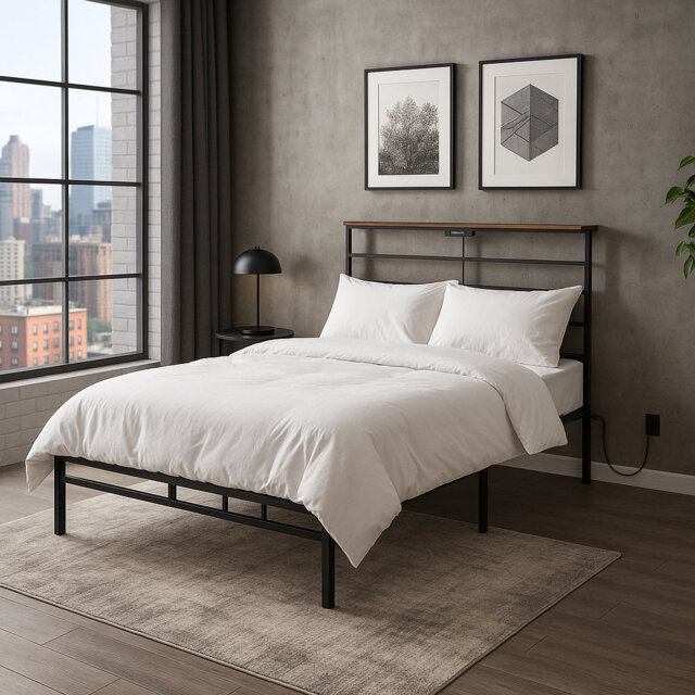 Double Metal Bed Frame With Headboard Shelf And Built-In Outlets & Usb Ports