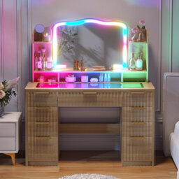 Modern Large Dressing Table with 9 Drawers, Tempered Glass Top, RGB Light Mirror, and Charging Station