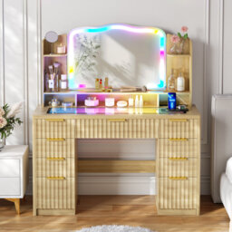 Modern Large Dressing Table with 9 Drawers, Tempered Glass Top, RGB Light Mirror, and Charging Station