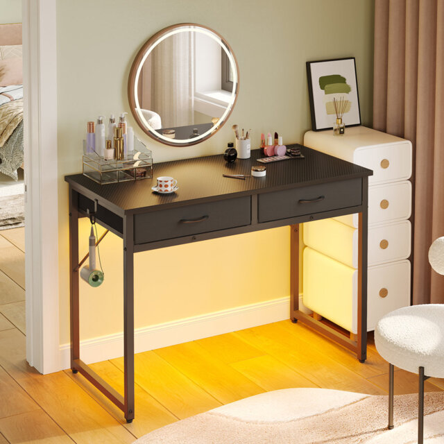 106cm Metal Base Computer Desk With Fabric Drawers & Rgb Led Light, Writing Desk With Hanging Hook