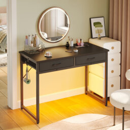 106cm Metal Base Computer Desk With Fabric Drawers & Rgb Led Light, Writing Desk With Hanging Hook