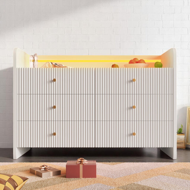 White Fluted 6-Drawer Sideboard, Modern Storage Cabinet With RGB LED Lighting & Shelves