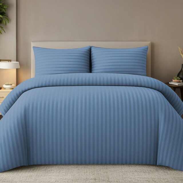 Premium Satin Stripes Duvet Cover Set Reversible With Zipper Closure & Corner Ties
