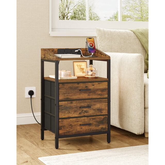 Bedside Tables Set of 2 with LED Lights and Charging Station, Bedside Cabinet with 3 Fabric Storage Drawers and Shelves, Nightstand with USB Ports&Typ