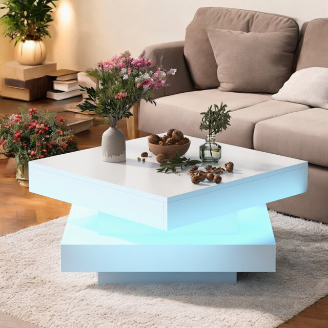 Charvez White Square High Gloss Coffee Table With 360° Rotating Top With 16-Color LED Light Tea Table