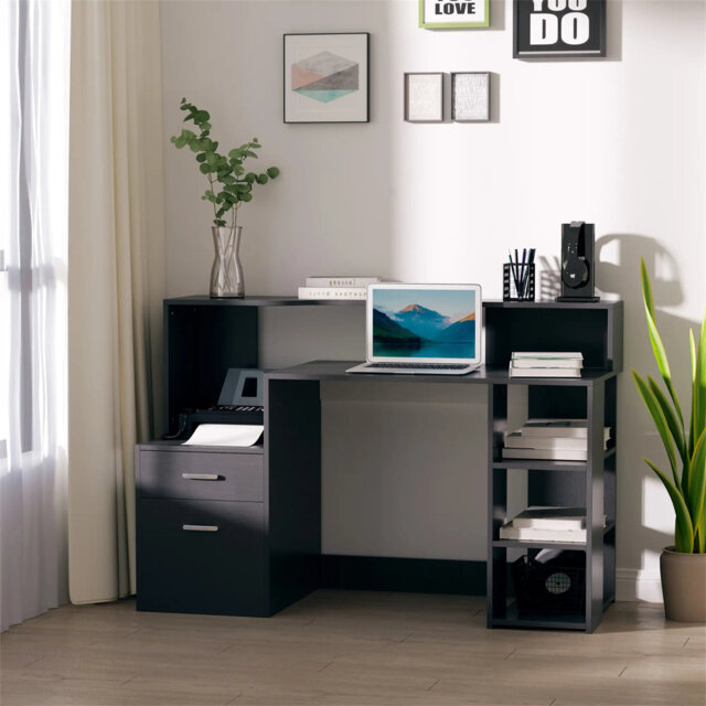 Computer Desk With Drawers And Storage Shelves, Reception Desk, Study Workstation For Home Office, 137 X 55 X 92Cm