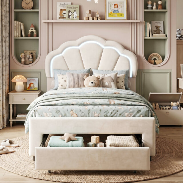 EU & UK Size Smart LED White Velvet Upholstered Bed Frame With Storage Drawers, Scalloped Petal Headboard & App Controlled RGB LED, 90/140X200cm & 120