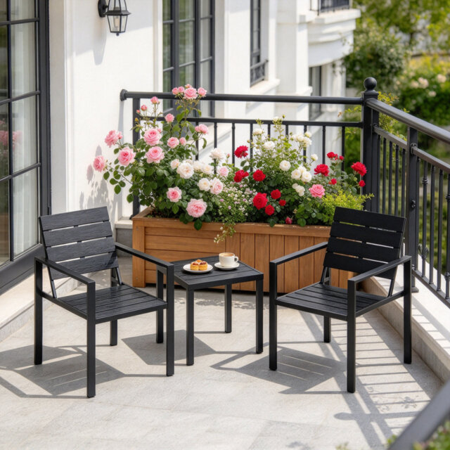 3 Pieces Garden Bistro Set for 2, Outdoor Bistro Table and Chairs with Metal Frame, Plastic Patio Furniture Set