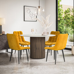 Arlo White Marble Table Top W Oak Legs + Nova Velvet Dining Chair Mustard Set Of 6