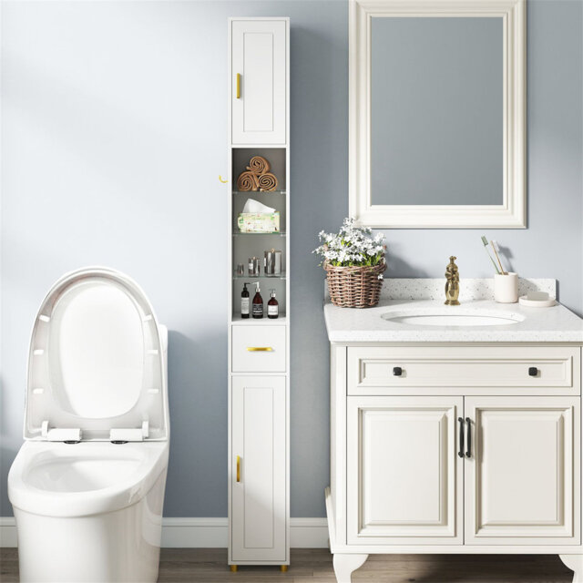 Tall Bathroom Cabinet Narrow Storage Organizer with 3 Doors and Adjustable Shelves