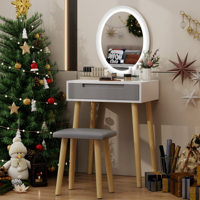 60cm Desktop Dressing Table With Led Lighted Mirror, Makeup Vanity Desk With Stool and Drawer