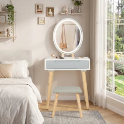 60cm Desktop Dressing Table With Led Lighted Mirror, Makeup Vanity Desk With Stool and Drawer