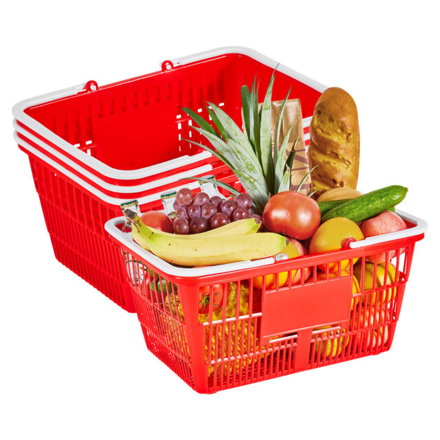 Shopping Baskets, 21L Stackable PE Plastic Grocery Baskets with Handles, Dense Mesh Structure, Holds up to 9.07kg, Portable for Grocery, Retail, Store