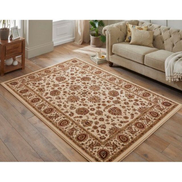 Cream Traditional Bordered Floral Rug, Stain Resistant Area Rug For Bedroom, & Dining Room