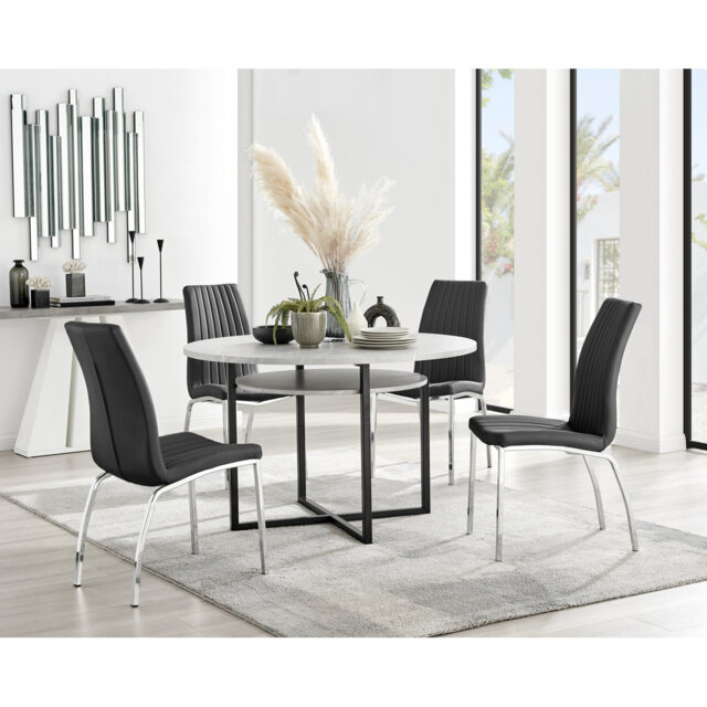 Adler Round Dining Table Set with Shelf & 4 Soft Touch Faux Leather Dining Chairs