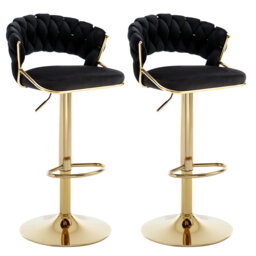 Adjustable Velvet Gold Bar Stools with Woven Open Back for Kitchen Island