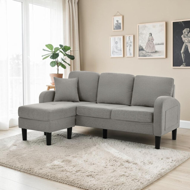 Celis Beige Mix Grey Linen Fabric L-shaped Corner Sofa with Chaise Lounge – 3-Seater Sofa, Plastic Legs