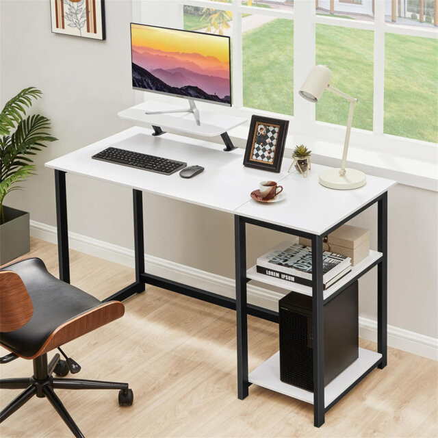 Small office desk with storage space, computer desk with monitor stand for home office